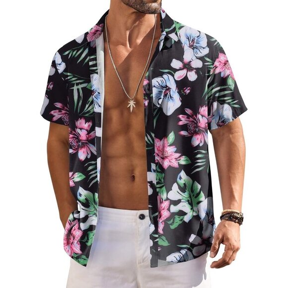 Other - Mens Black & Pink  Hawaiian Shirts Short Sleeve Floral Button Down Shirt